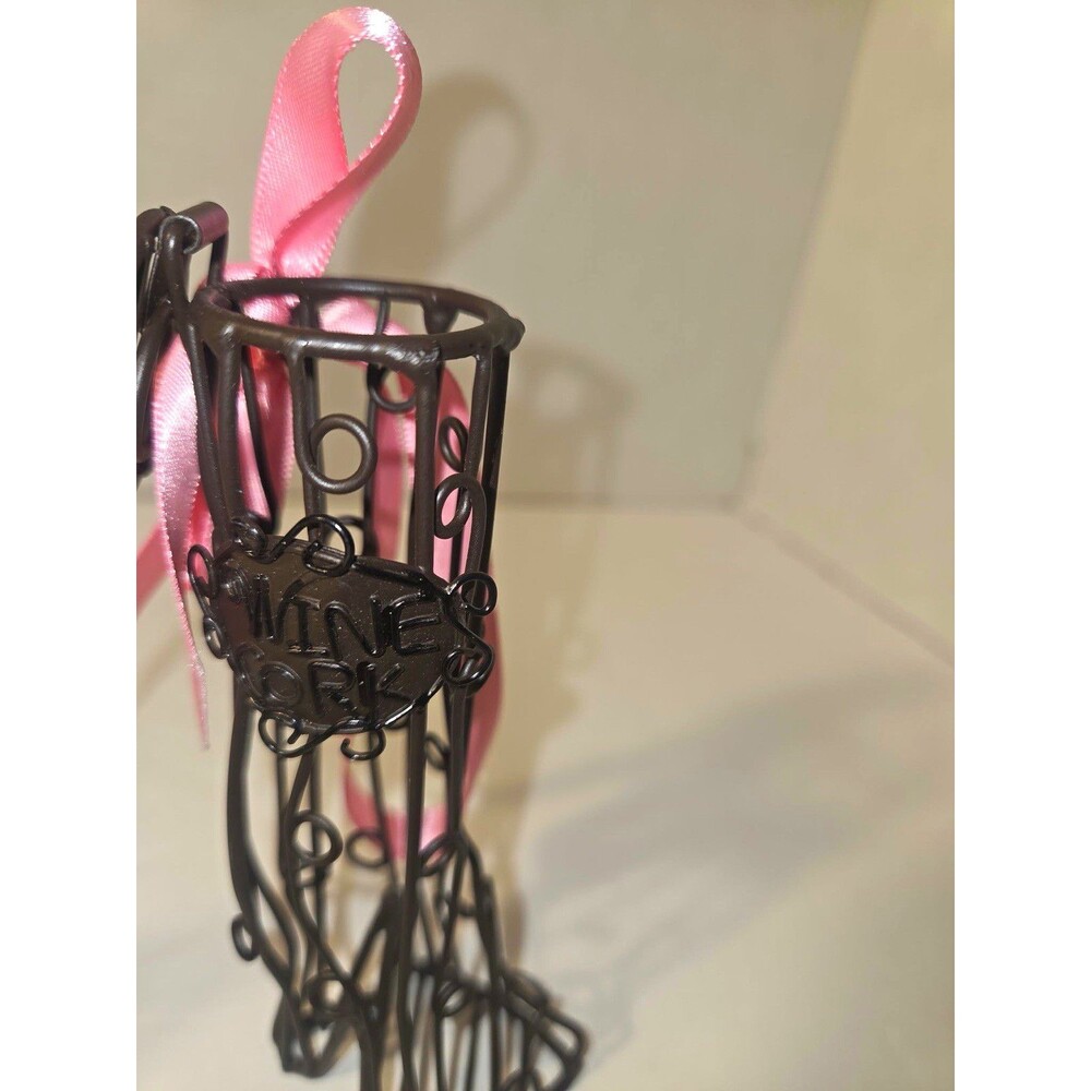 Black Metal Wire Boot wine cork Figurine w/ Pink Ribbon, Hanging, 5 in  ornament